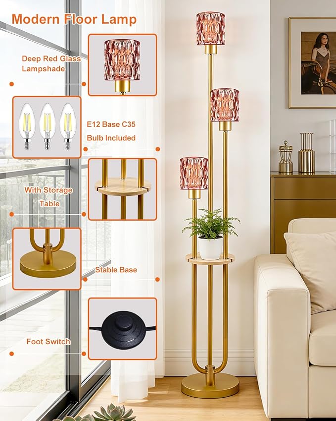 Lightdot 3-Lights Glass Floor Lamp for Living Room Modern Gold Floor Lamp with Rose Red Glass Shade for Wedding/Party Farmhouse Tall Standing Lamp for Bedroom/Sofa Beside/Corner Decor