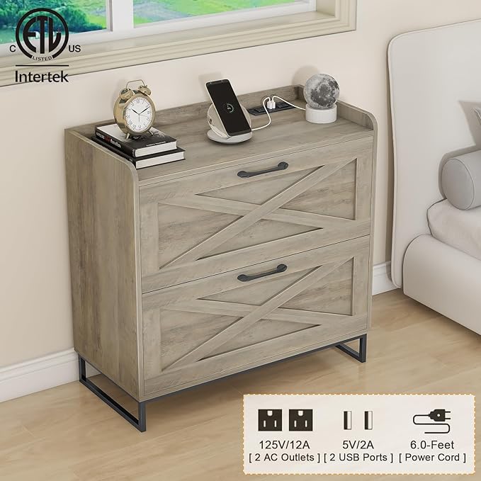 2 Drawer Lateral File Cabinet, Filing Cabinet with Charging Station for Letter/Legal/A4 Size Hanging Files, Modern Farmhouse File Cabinet for Home Office, Printer Stand with Storage, Washed Gray