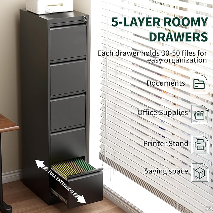 5 Drawer File Cabinet with Lock, Vertical Filing Cabinets for Home Office, Locking File Cabinet Hanging Files for A4/ Legal/Letter, Require Assembly, Black