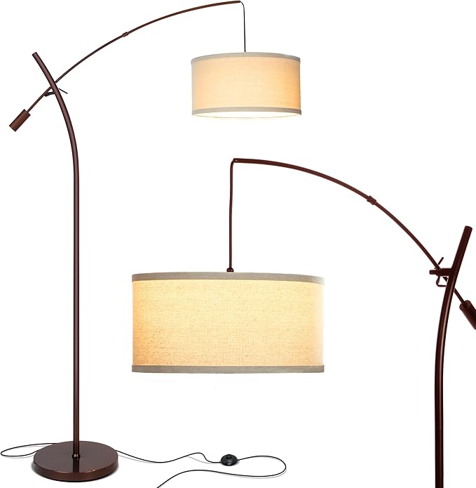 Brightech Grayson LED Floor Lamp, Modern Arc Lamp with Linen Shade for Office & Living Room, Tall, Height Adjustable Industrial Standing Lamp for Bedroom Reading, Over The Sofa - Bronze