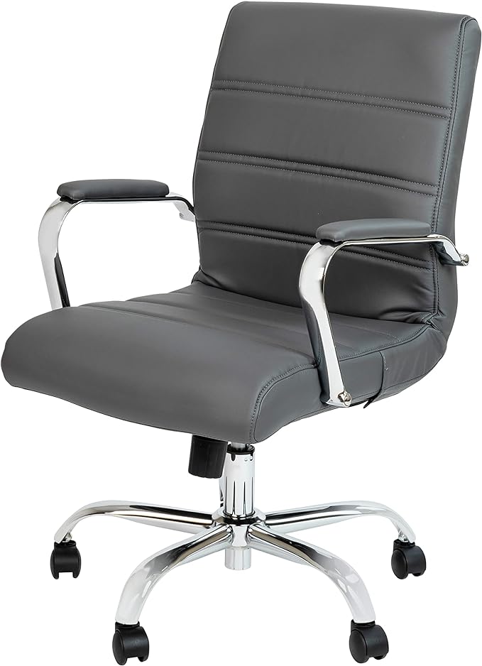 Flash Furniture Whitney Mid-Back Swivel LeatherSoft Desk Chair with Padded Seat and Armrests, Adjustable Height Padded Office Chair, Gray/Chrome