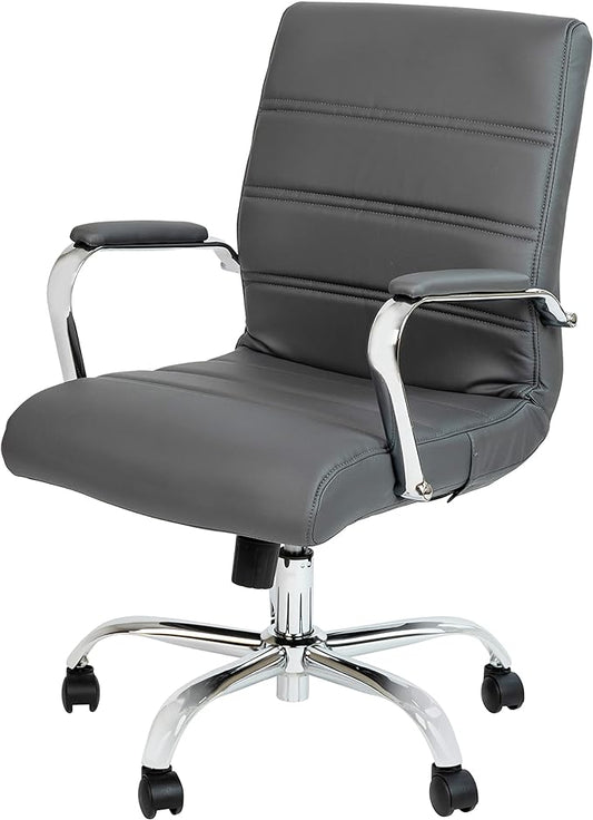 Flash Furniture Whitney Mid-Back Swivel LeatherSoft Desk Chair with Padded Seat and Armrests, Adjustable Height Padded Office Chair, Gray/Chrome