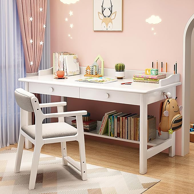 Solid Wood Writing Desk with Drawer,Mid Century Home Office Desk with Hooks,Work Study Pc Table Workstation Computer Desk with Storage Shelves for Small Spaces (80x60x75cm(31x24x30inch), White)
