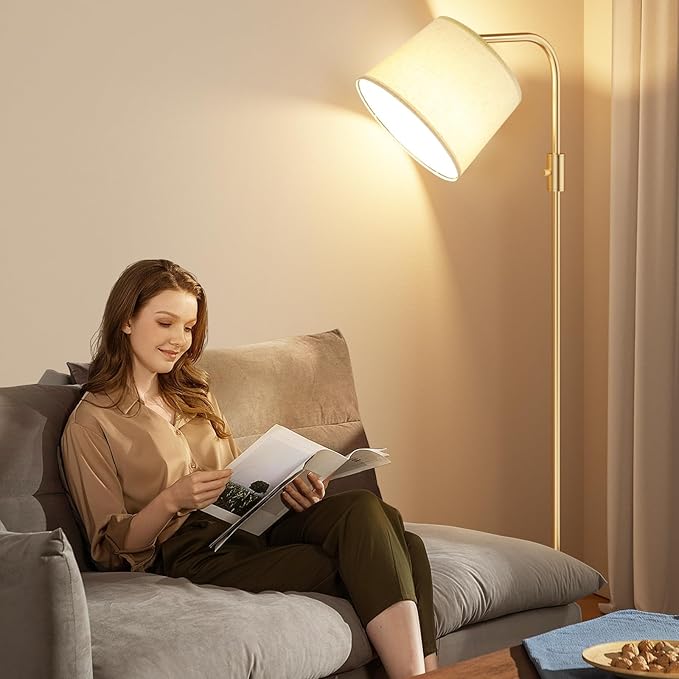 Ambimall 𝐅𝐮𝐥𝐥𝐲 𝐃𝐢𝐦𝐦𝐚𝐛𝐥𝐞 Floor Lamp - Floor Lamps with 9W 𝐋𝐄𝐃 Bulb, Standing Lamps for Living Room with Adjust Head, Modern Standing Tall Light Rotary Switch for Office(Gold and Beige)