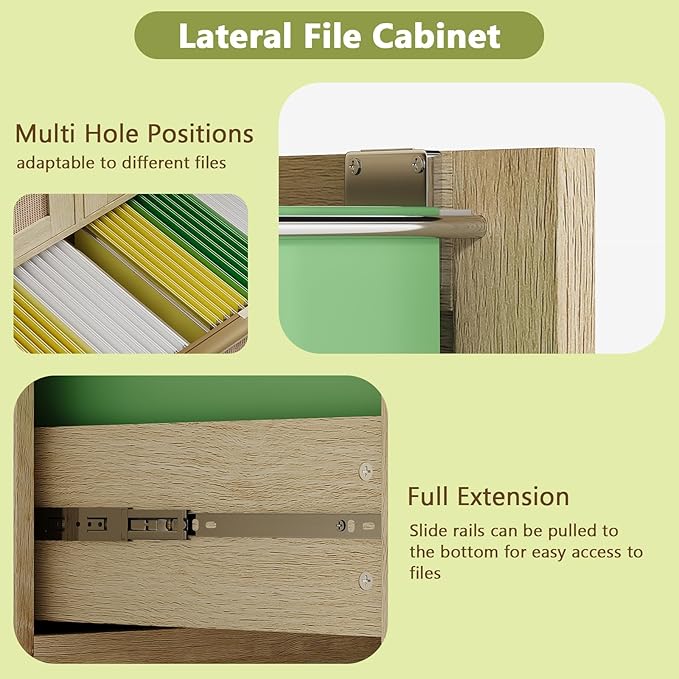 HOPUBUY Lockable 4 Drawers File Cabinet Set of 2, Lateral Filing Cabinet with Printer Stand for Home Office and School, Rattan File Cabinet for Hanging Files/Letter/Legal/A4/F4 Size, Natural Wood