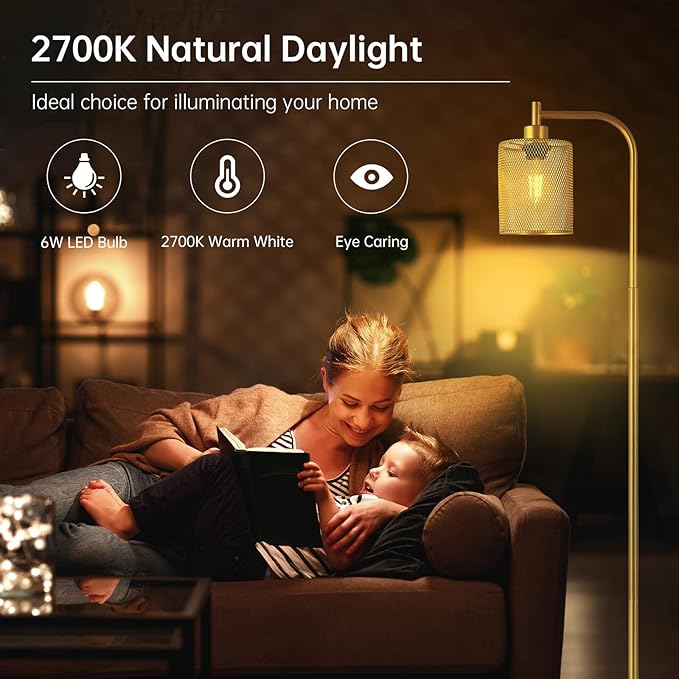 BoostArea Industrial Gold Floor Lamp, 67 Inch LED Standing Lamp with Iron Mesh Lampshade, 6W Brass Stand Up Lamp for Living Room, Bedroom, Office, Den
