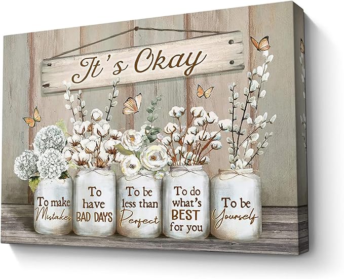 Parylore Floral Farmhouse Wall Art Canvas Encouraging Bible Verse On Marson Jars and Butterfly Print Wall Decor It's Okay Inspirational Quotes Picture Framed for Bedroom Decor 16x24 In