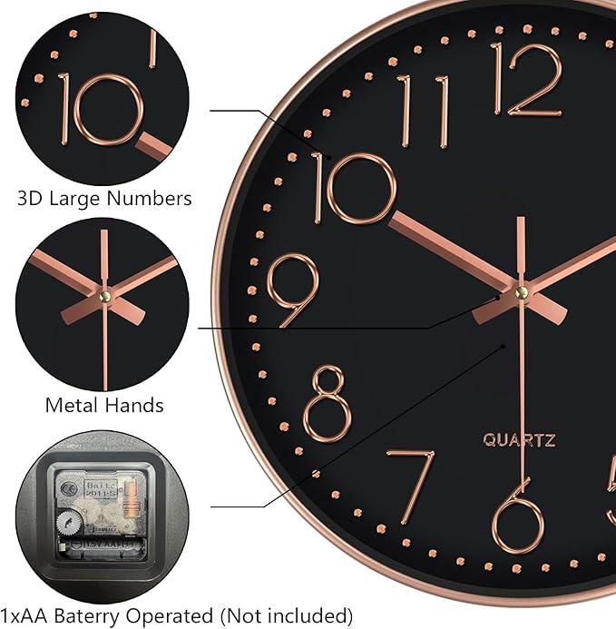Modern Silent Wall Clock - 12 Inch Wall Clocks Battery Operated Large Number, Non-Ticking Analog Clock with Tempered Glass Quartz Clocks for Living Room Bedroom Office Kitchen, Black Rose Gold