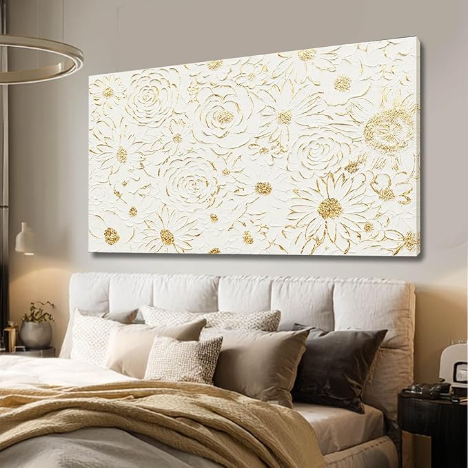 YJYart Large White Canvas Wall Art, Gold Flowers Wall Art for Wall Decor,Office Arts,Living Room or Bedroom Artwork Picture, Hallway Decoration 24"x48"