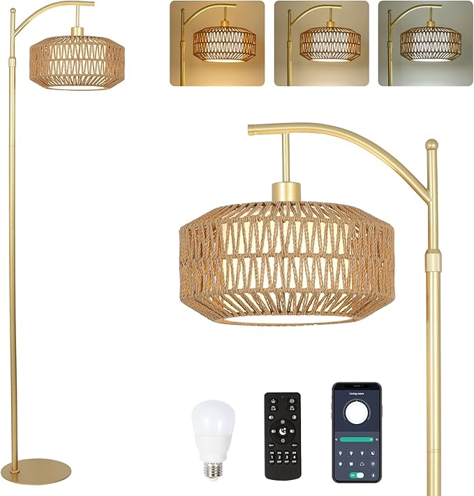 Arc Gold Floor Lamp with Remote and LED Bulb, Dimmable Floor Lamps for Living Room with Rattan and Fabric Shades, Boho Tall Lamp with 3 Color Temperatures, Corner Standing Lamps for Bedroom