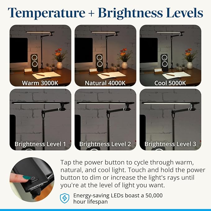 UPLIFTDESK E7 LED Desk Lamp - Adjustable 3 Color Modes, Dimmable Home Office Desk Light for Standing Desk, Dual Monitors, Aluminum Task Lamp (Black Base)