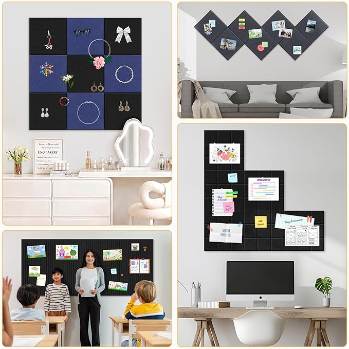 Smarpau Large Cork Board for Walls, 12 Pack Square Bulletin Board, 48"x36" Pin Board with Pushpins Removable Security Stickers, Felt Wall Tiles for Office Home Decoration-Dark Grey