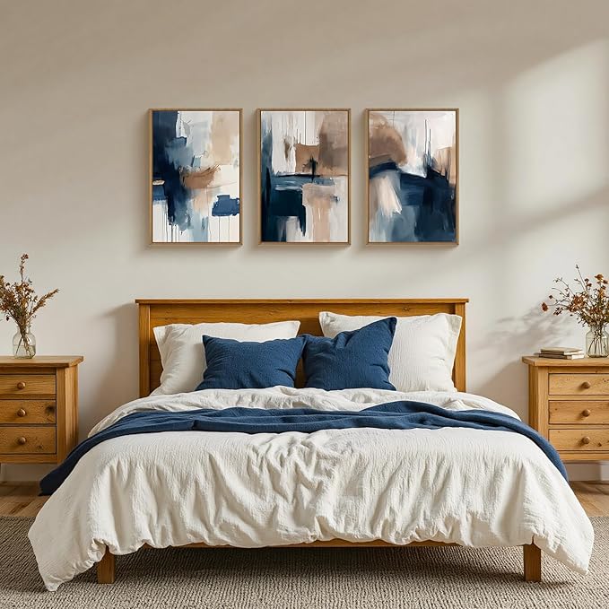 Large Abstract Brush Stroke Framed Canvas Wall Art,Modern Pastel Wall Decor,Neutral Navy Blue Art Prints, Minimalist Watercolor Brown Artwork for Living Room,Bedroom,Dining Room-24"x36"x3