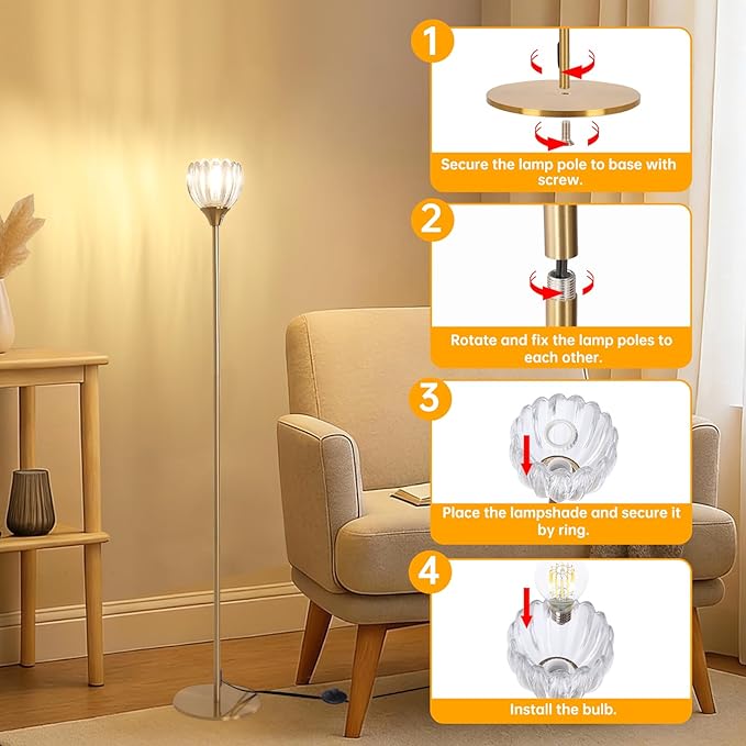 Floor Lamps for Living Room, Bedroom, Gold Standing Lamp with 12W Bulb, Vintage Floor Lamp for Reading, Nursery, Corner (Clear Tulip)