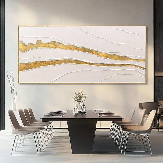 VAYIMDH White and Gold Oil Painting Wall Art Abstract Wall Decor Line Hanging Art 32"x70" Large Artwork for Living Room Decorative Pictures for Office