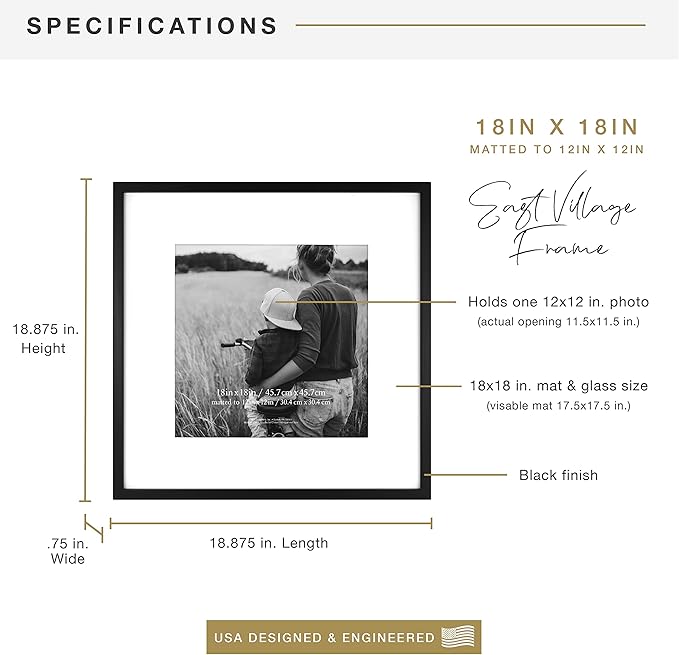 MCS East Village 18x18 Matted Square Picture Frame with 12x12 Photo Display, Black Wall Hanging Frame for Photos & Posters (1-Pack)