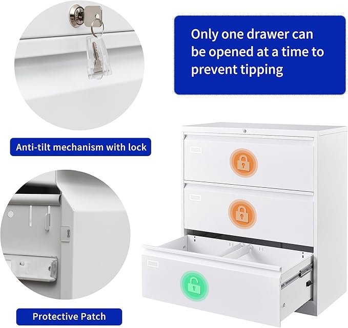 3 Drawer Filing Cabinet, Black Lateral File Cabinet with Lock, Lockable Metal File Cabinet for Home Office, Office File Cabinets for Legal/Letter/A4/F4 Size with Hanging Files&Key (White(3 Drawer))
