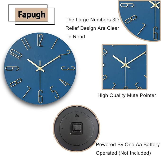 wall Clock, Silent Clock, wall Clocks Battery Operated， 12 inch Modern wall Clock, Suitable for Offices, Living Rooms, Kitchens, Homes, Schools (Blue)