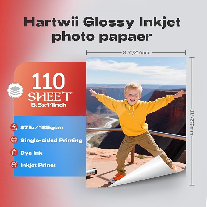 Glossy Photo Paper 8.5x11 Inches, 110 Sheets Thin Inkjet Paper,135gsm 37lb Photo Paper for Inkjet Printer with Dye Ink for Brochures Flyers Custom Chip Bag Party Favors