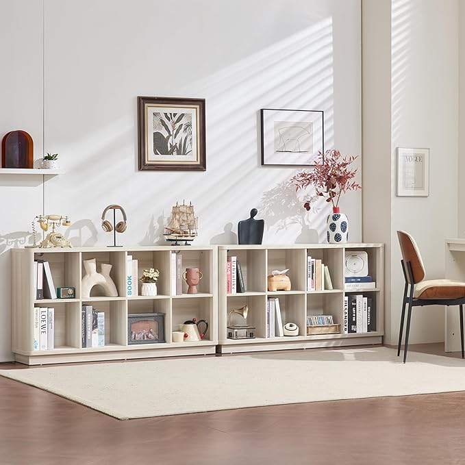 8 Cube Storage Bookcase, 52" Long Horizontal Book Shelf w/Curved Edge, Wood Low 2-Tier Cubby Console Bookshelf with Base, Modern Floor Standing TV Stand for Living Room, Gray-White Cream Oak