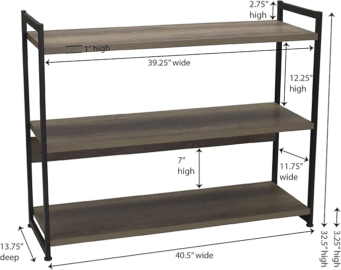 Household Essentials Jamestown Wide 3 Shelf Open Storage Bookshelf Ashwood Rustic Wood Grain and Black Metal