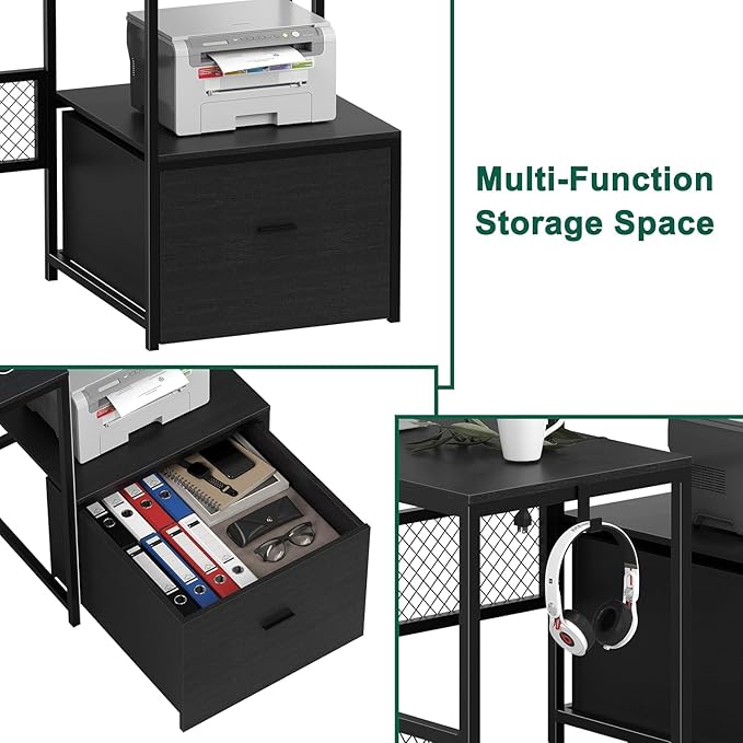 L Shaped Desk with Drawers, 66" Home Office Desk with Power Outlet and Led Strip, Computer Desk with Storage Shelves & Monitor Stand, Large Corner Desk Gaming Desk, Black