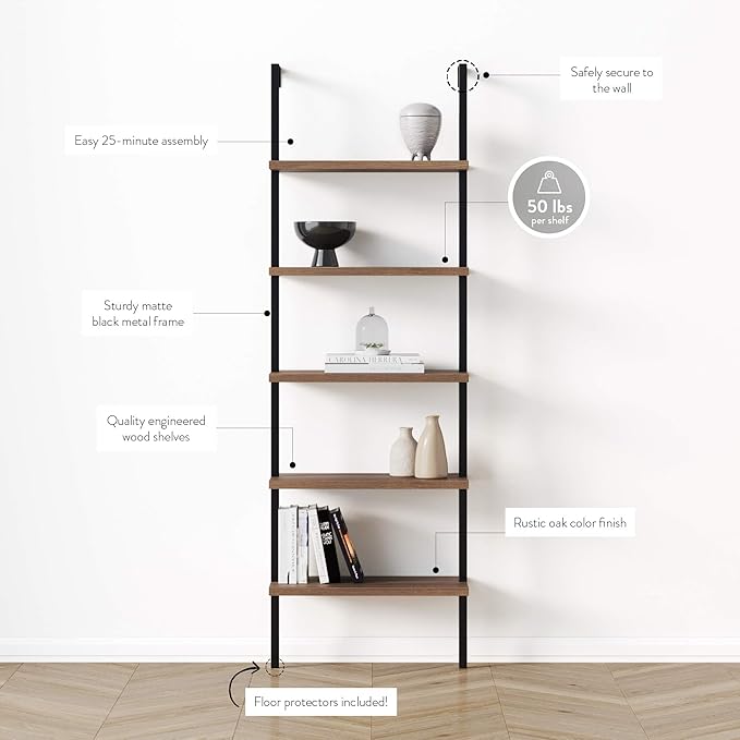 Nathan James Theo 5-Shelf Wood Modern Bookcase, Open Wall Mount Ladder Bookshelf with Industrial Black Metal Frame, Reclaimed Oak, Set of 2