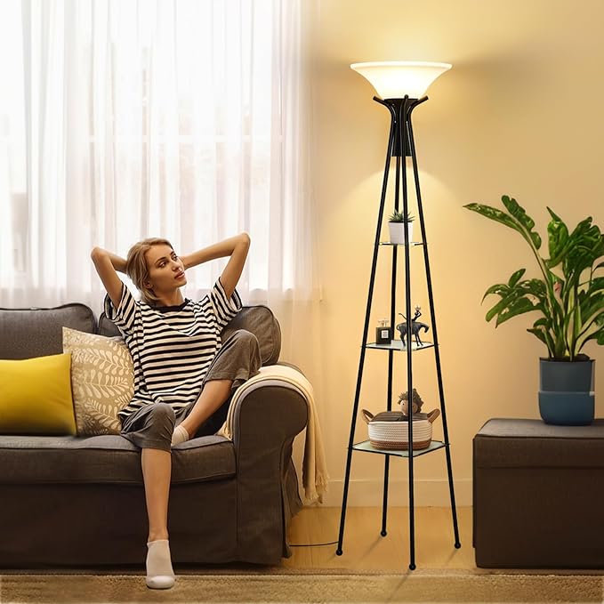 Luvkczc Floor Lamp with Shelves, 69” Tall Torchiere Floor Lamps for Living Room, 3-Tier Glass Shelf Lamp, Black Standing Lamp with Plastic Shade, Adjustable Color Temperatures (Bulb Include)