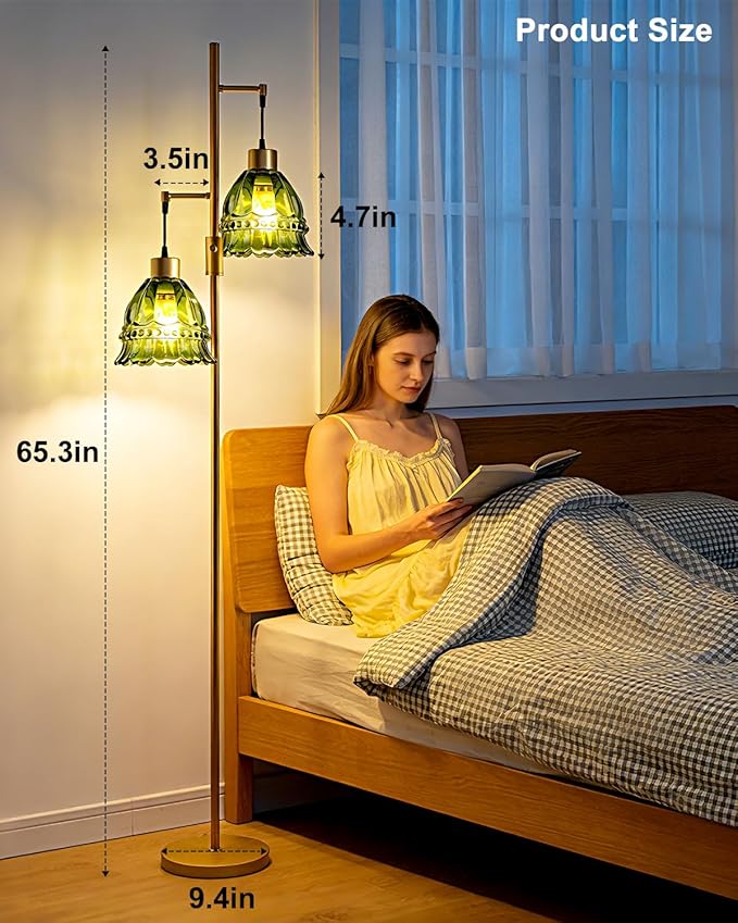 Lightdot 65IN Glass Floor Lamp for Living Room, 2- Light Gold Flower Floor Lamps with Green Glass Lampshade, 3000K Warm White Modern Standing Tall Lamp for Bedroom Corner