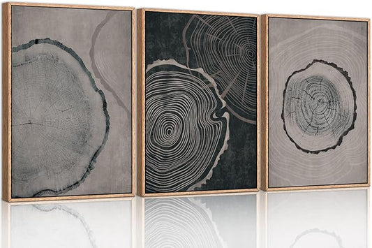 Ausril Tree Ring Framed Canvas Wall Art Set of 3, Modern Beige Wood Stump Wall Decor, Black and Gray Tree Spiral Wall Painting, Neutral Nature Art Print for Living Room, Bedroom, Office - 36"x24"
