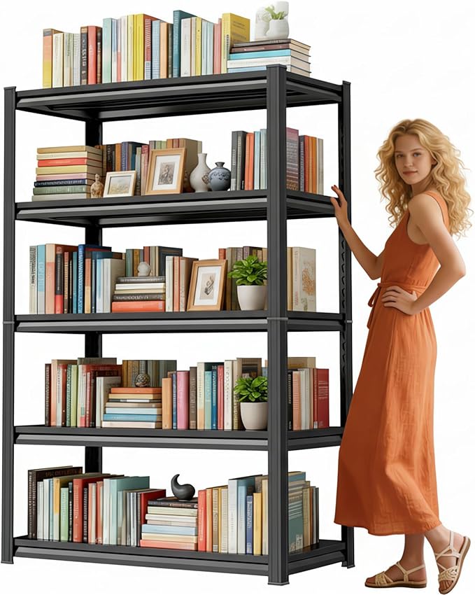 5 Tier Metal Bookshelf, 71"H Black Tall Bookcase, 1500LBS Heavy Duty Deep Book Shelf, Adjustable Industrial Wide Bookshelf, Modern Bolt-Free 5 Shelf Book Shelves for Living Room, Bedroom, Library