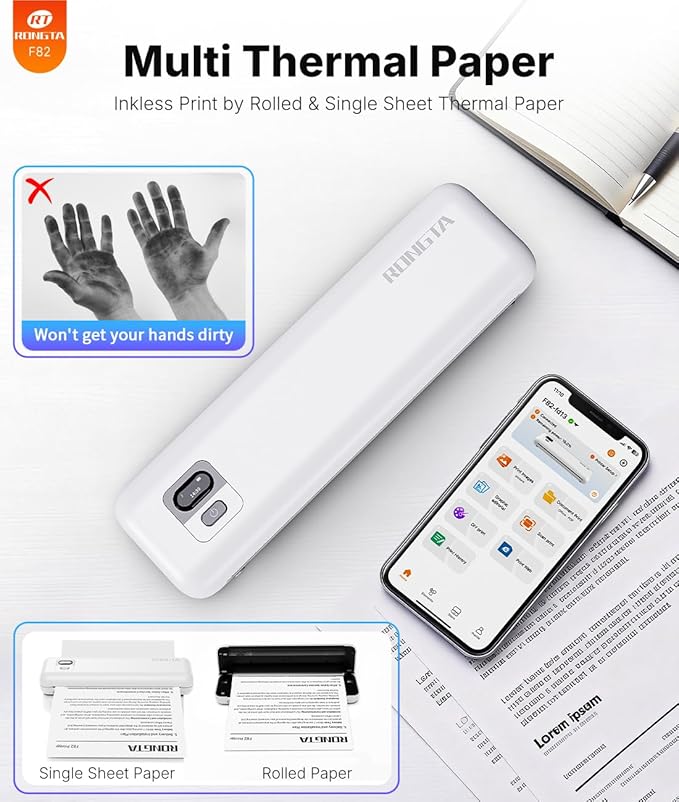 Rongta Portable Printer Wireless for Travel, Thermal Inkless Printers for 8.5"*11" US Letter, Compatible with Android iOS Smartphone, Mac Windows Laptop for Office, Home, Travel (White)