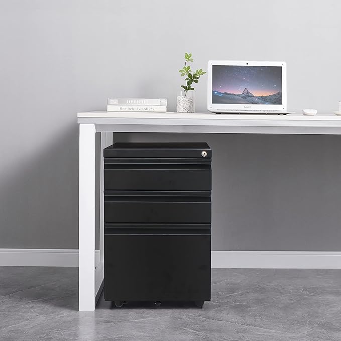 3 Drawer File Cabinet with Lock, Steel Mobile Filing Cabinet on Anti-tilt Wheels, Rolling Locking Office Cabinets Under Desk for Legal/Letter Size (Black)