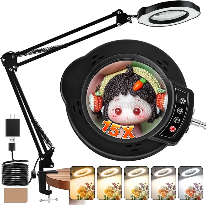 15X Magnifying Glass with Light and Clamp, Lighted Magnifying Glass Desk Lamp LED Magnifier Lamp with Light and Clamp 5 Color Mode 10 Brightness Dimmable Magnifier Lamp for Reading Close Work Craft