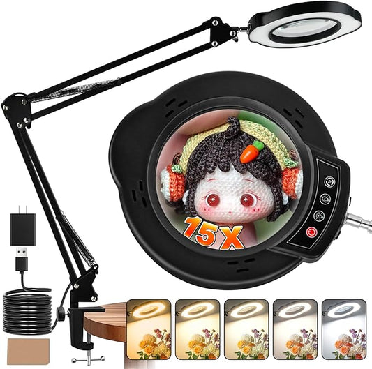 15X Magnifying Glass with Light and Clamp, Lighted Magnifying Glass Desk Lamp LED Magnifier Lamp with Light and Clamp 5 Color Mode 10 Brightness Dimmable Magnifier Lamp for Reading Close Work Craft