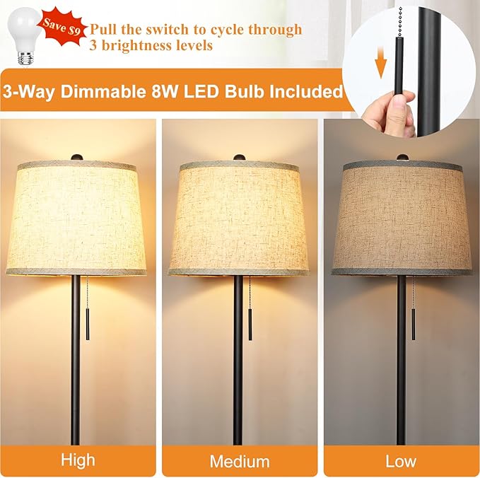 【Upgraded】 Modern Black Floor Lamp 63in Standing Lamp for Living Room Bedroom Office 3 Way Brightness Dimmable Tall Pole Light with Beige Linen Shade Metal Shade 8W 3000K LED Bulb Included