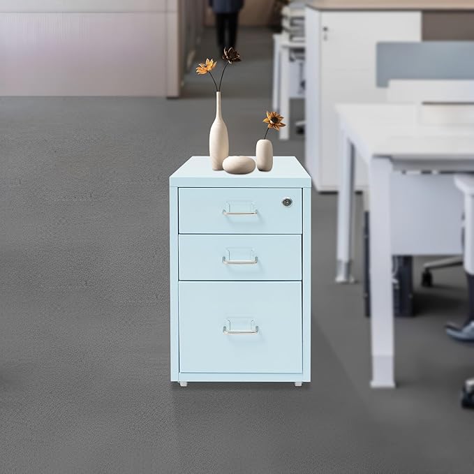 3/6 Tiers Vertical File Cabinet, Metal File Cabinet with Lock & Wheels for Files, Documents, Freestanding Filing Cabinet for Office Home, Multiple Colors Available (Blue, 3 Tiers)