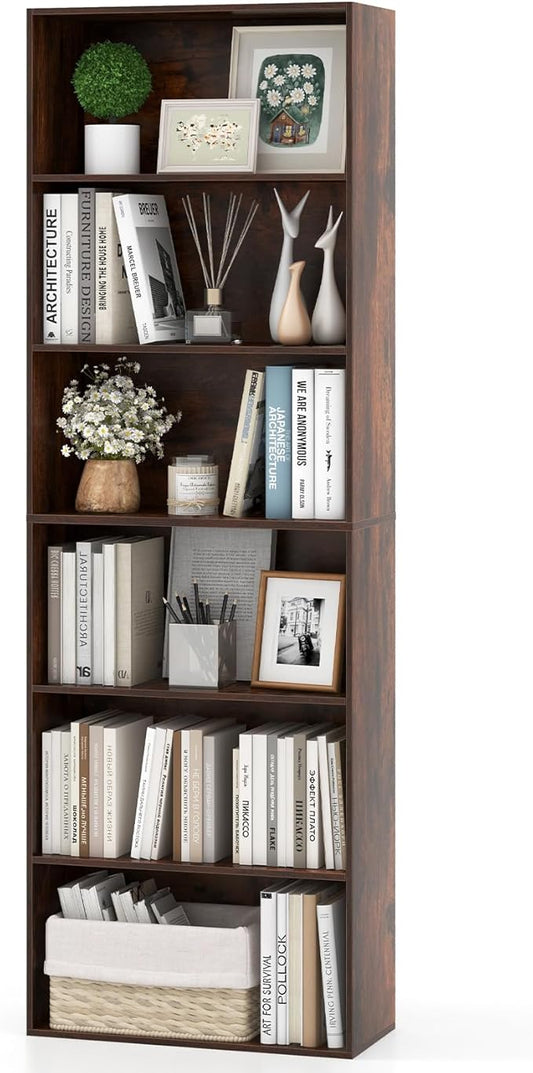 Giantex 6-Tier Bookcase, 70" Tall Wooden Bookshelf, Freestanding Storage Organizer w/Open Shelves, Anti-Tipping Kits, Modern Floor Standing Display Shelves for Living Room, Bedroom (1,Rustic Brown)