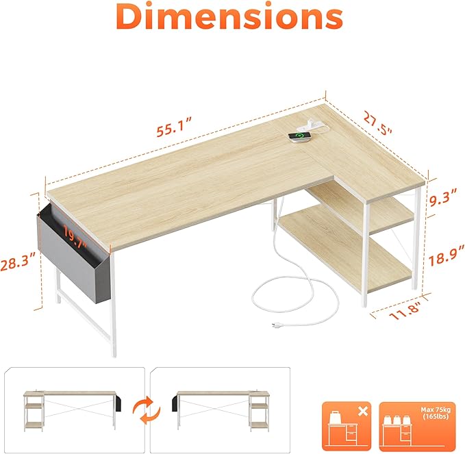 Mericonia Small L Shaped Computer Desk with Power Outlets, Reversible Gaming Desk with Storage Shelves, Corner Gamer Desk Table, Study Writing Table