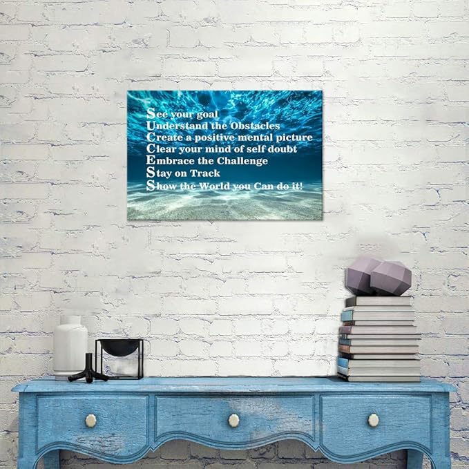 Inspirational Canvas Wall Art Motivational Posters Success Painting Blue Ocean Sea Pictures Positive Motto Office Quotes Prints Artwork for Living Room Teen Bedroom Framed Easy to Hang-16x12 inches
