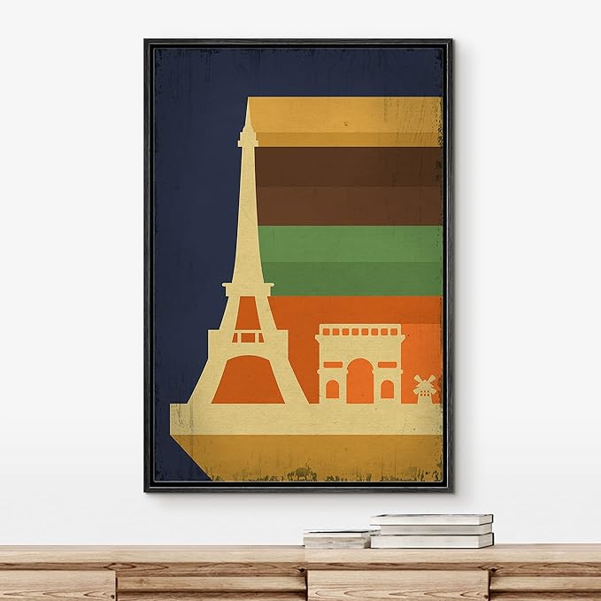 IDEA4WALL Framed Canvas Print Wall Art Retro Vintage French Eiffel Tower Poster Cultural Building Illustrations Modern Art Contemporary Scenic Warm for Living Room, Bedroom, Office - 24"x36" BLACK