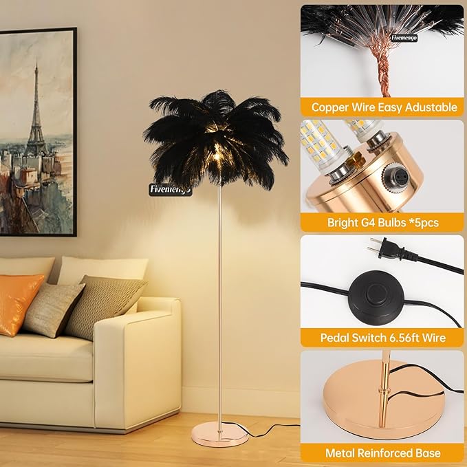 Feather Floor Lamp for Living Room, Fluffy Ostrich Feathers Lamp, Rose Gold Color Body, 3 Color Temperatures Modern Funky Arc Tall Standing Lamp for Bedroom Inclued Bright LED Bulbs (Black)
