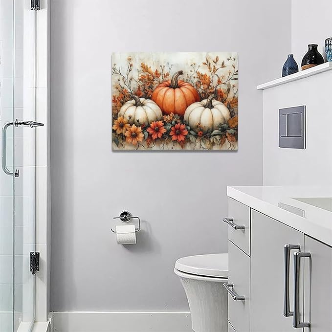 Fall Pumpkin Wall Art Autumn Leaf Pictures Wall Decor Maple Leaves Canvas Painting Modern Artwork Home Decoration for Living Room Bathroom Bedroom Office Framed 16"x12"