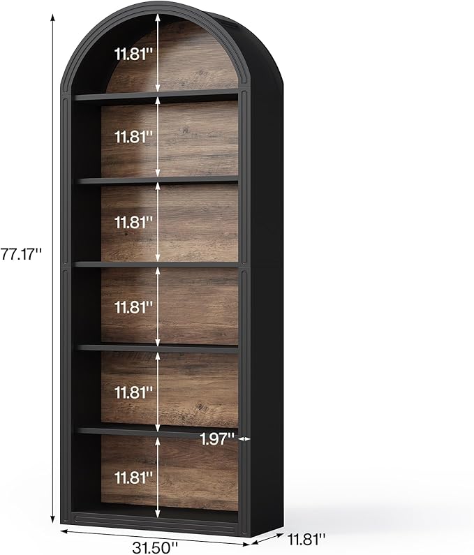 LITTLE TREE 6-Tier Bookcase, 77" Tall Bookshelf with Arched Top, Large Freestanding Wooden Open Bookcase Bookshelf, Modern Display Book Shelf for Living Room, Bedroom, Office, Library, Black Brown