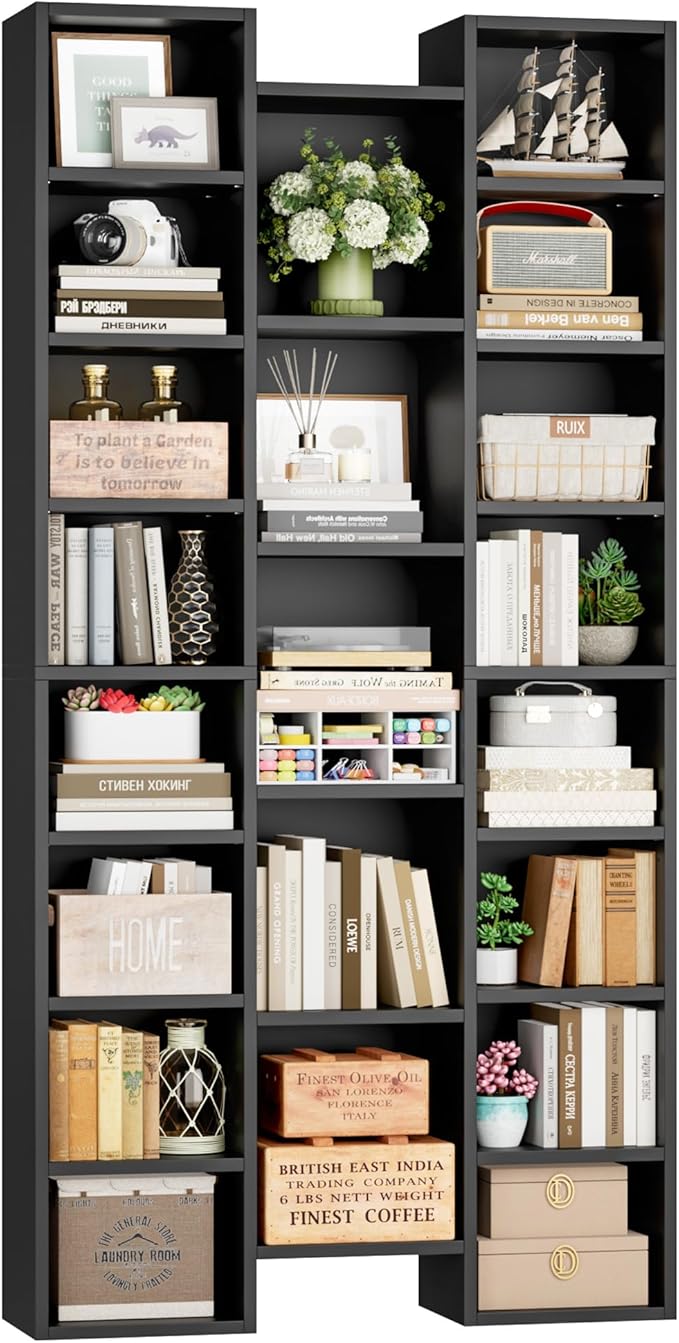 FOTOSOK 71'' Tall Bookshelf with 21 Cubes, 8 Tier Triple Wide Black Bookshelf with 8 Adjustable Shelves, 35" Large Bookcase DVD/CD Media Tower Storage, Freestanding Display Shelf Cabinet, Black