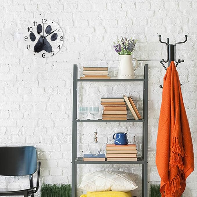 senya Black Dog Paw Print Design Round Wall Clock, Silent Non Ticking Oil Painting Decorative for Home Office School Clock Art