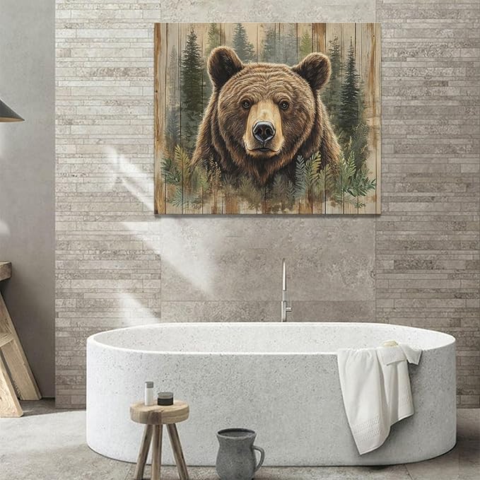 Farmhouse Bear Wall Art Rustic Forest Pictures Decor Woodland Wildlife Painting Canvas Print Modern Home Decoration Artwork for Living Room Bathroom Bedroom Office Framed 24"x20"