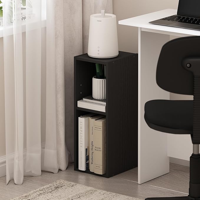 Furinno Fulda Book Shelf, 2-Tier Narrow Bookshelf, Bookcase with 8-in Width Storage Shelf, 9.3 x 7.9 x 21.2, for Living Room, Bedroom, Home Office, Darkwood