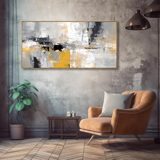 Wall Art Yellow Black White and Grey Modern Artwork for Living Room Bedroom Dining Room Home Office Decor 24"x48" with Framed