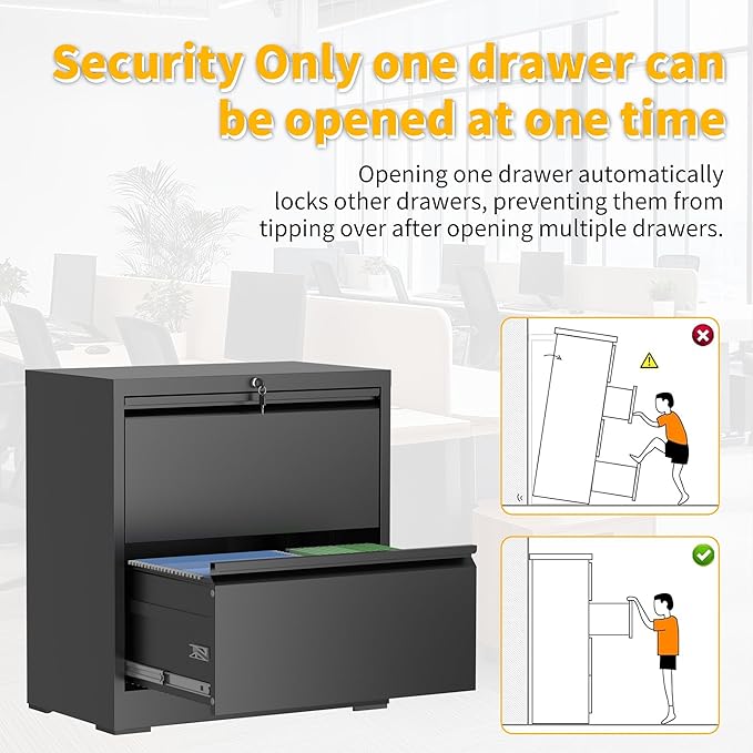 File Cabinets for Home Office, 2 Drawer Metal Lateral Filing Cabinets with Lock, Heavy Duty Locking File Cabinet for Hanging Letter/Legal/F4/A4 Size Files, Assembly Required (Black)